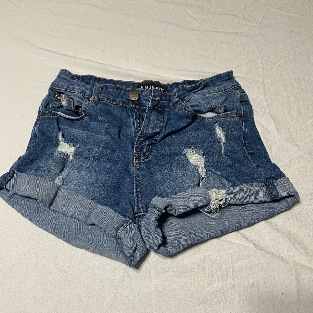 Blue Distressed Jean Shorts with Cuffed Hems